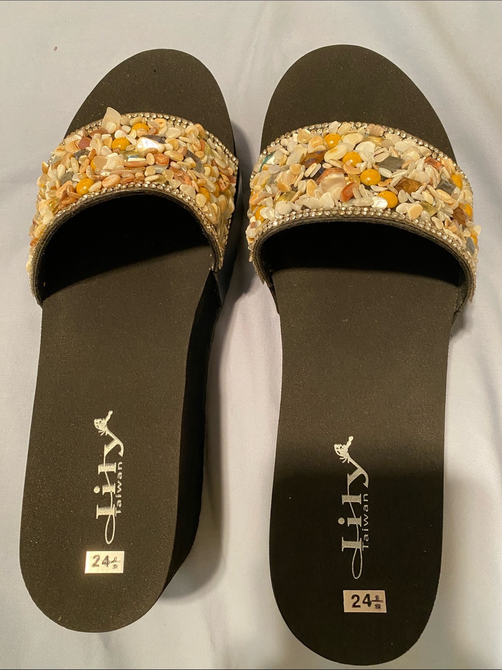 Lily Black Slide Sandals with Multicolor Beaded Shell Strap